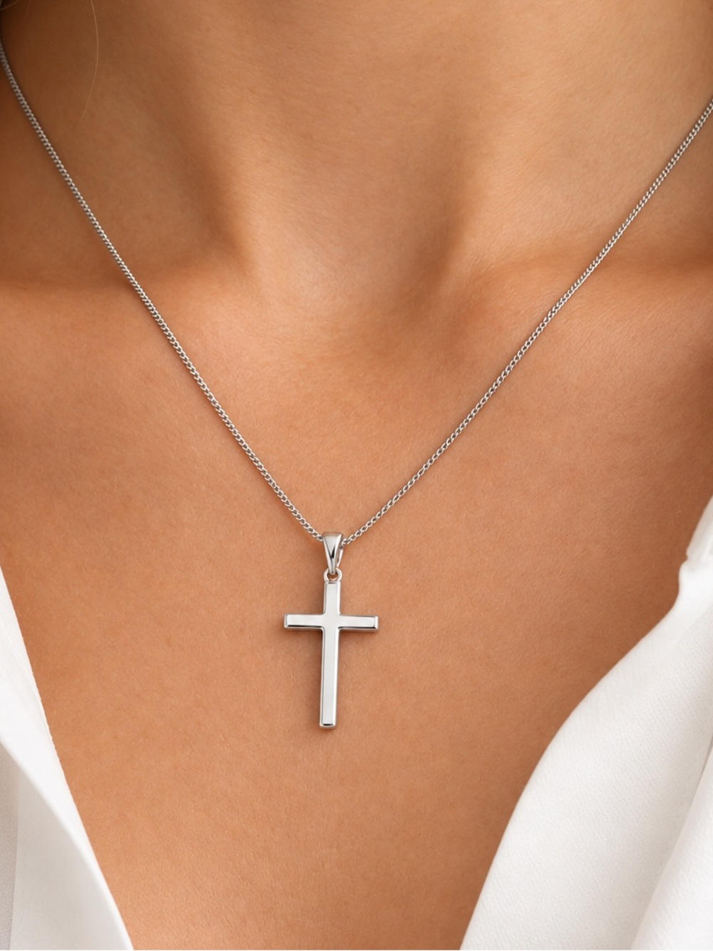 Platinum Plated Silver Tone Cross Pendant Necklace | Minimalist Dainty Jewelry